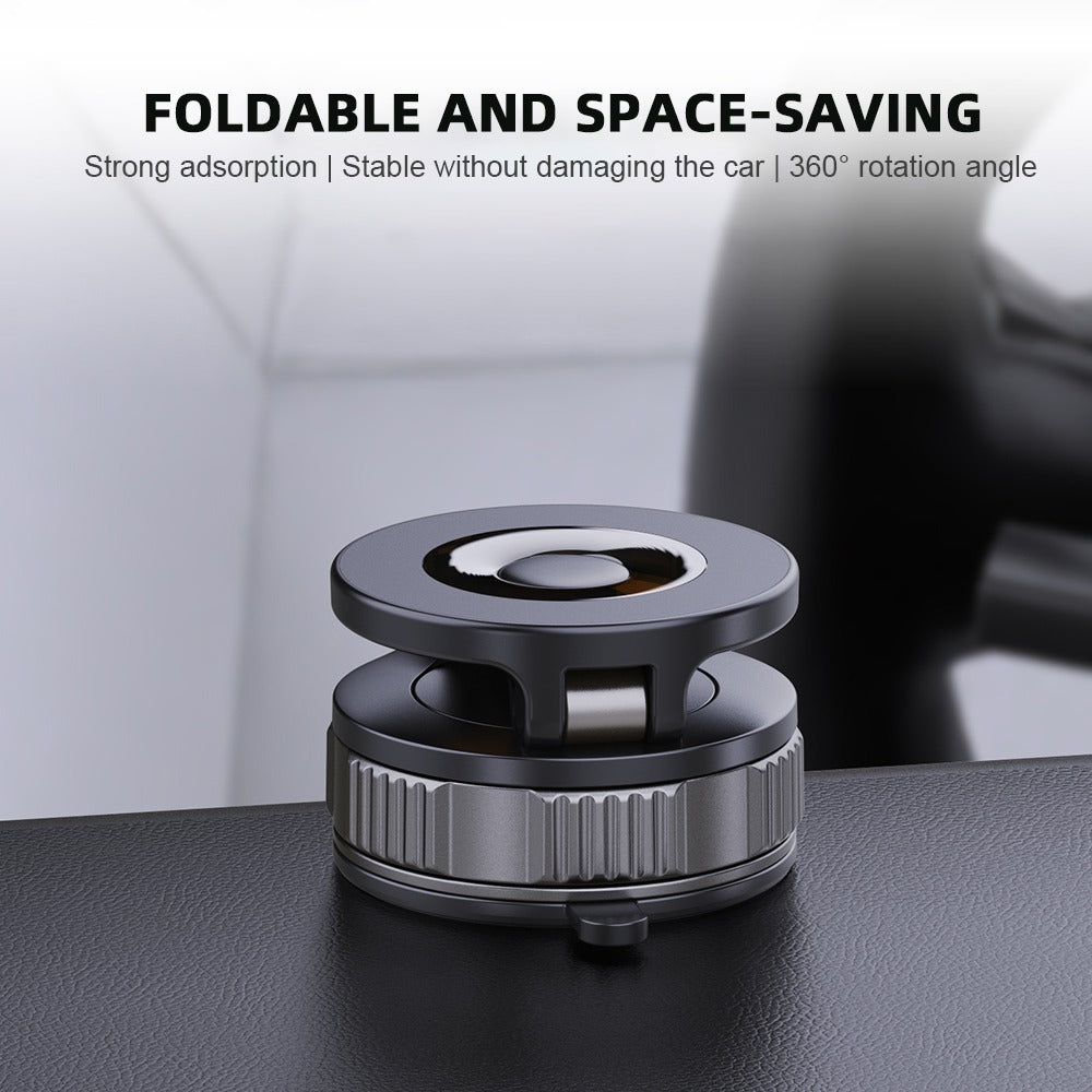 Magnetic holder folds flat to save dashboard space