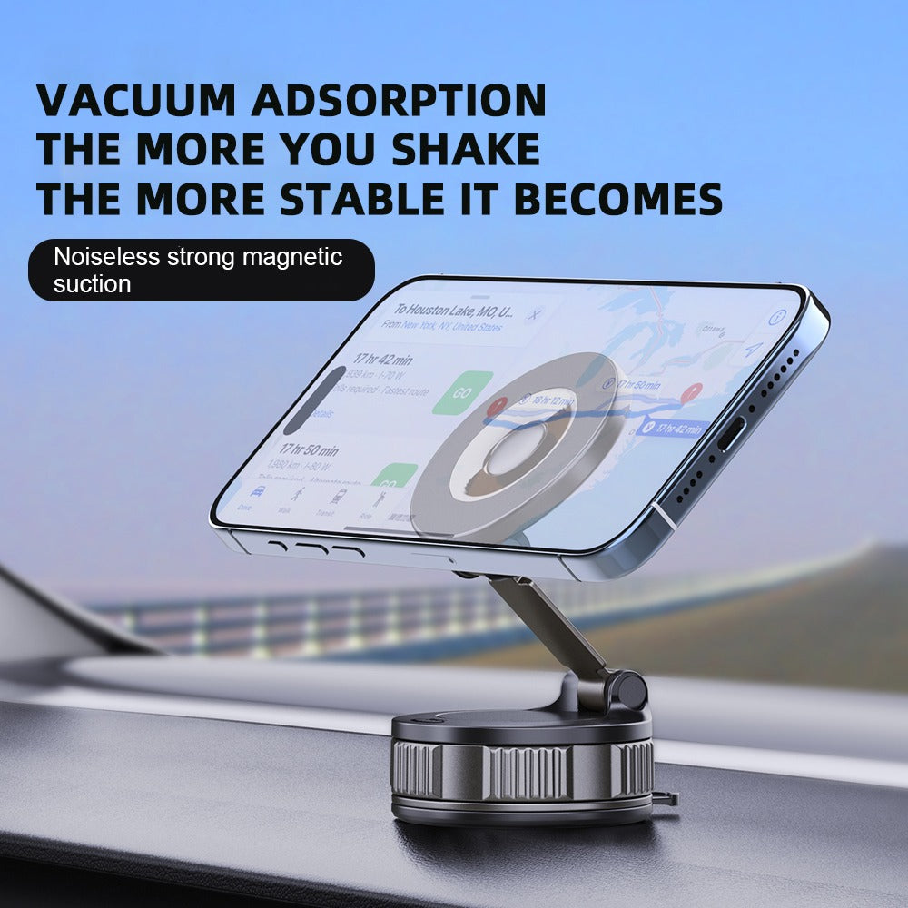 Vacuum suction base holds the phone on the dashboard